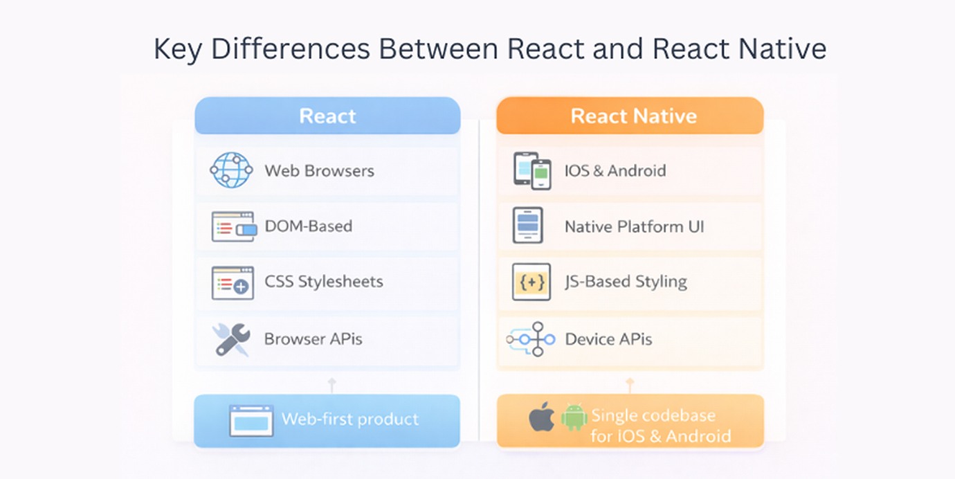 An image that represent Key differences between React and React Native